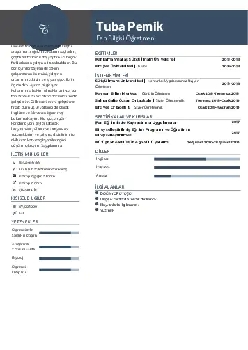 Fen Bilgisi Öğretmeni CV Örnekleri cv indir